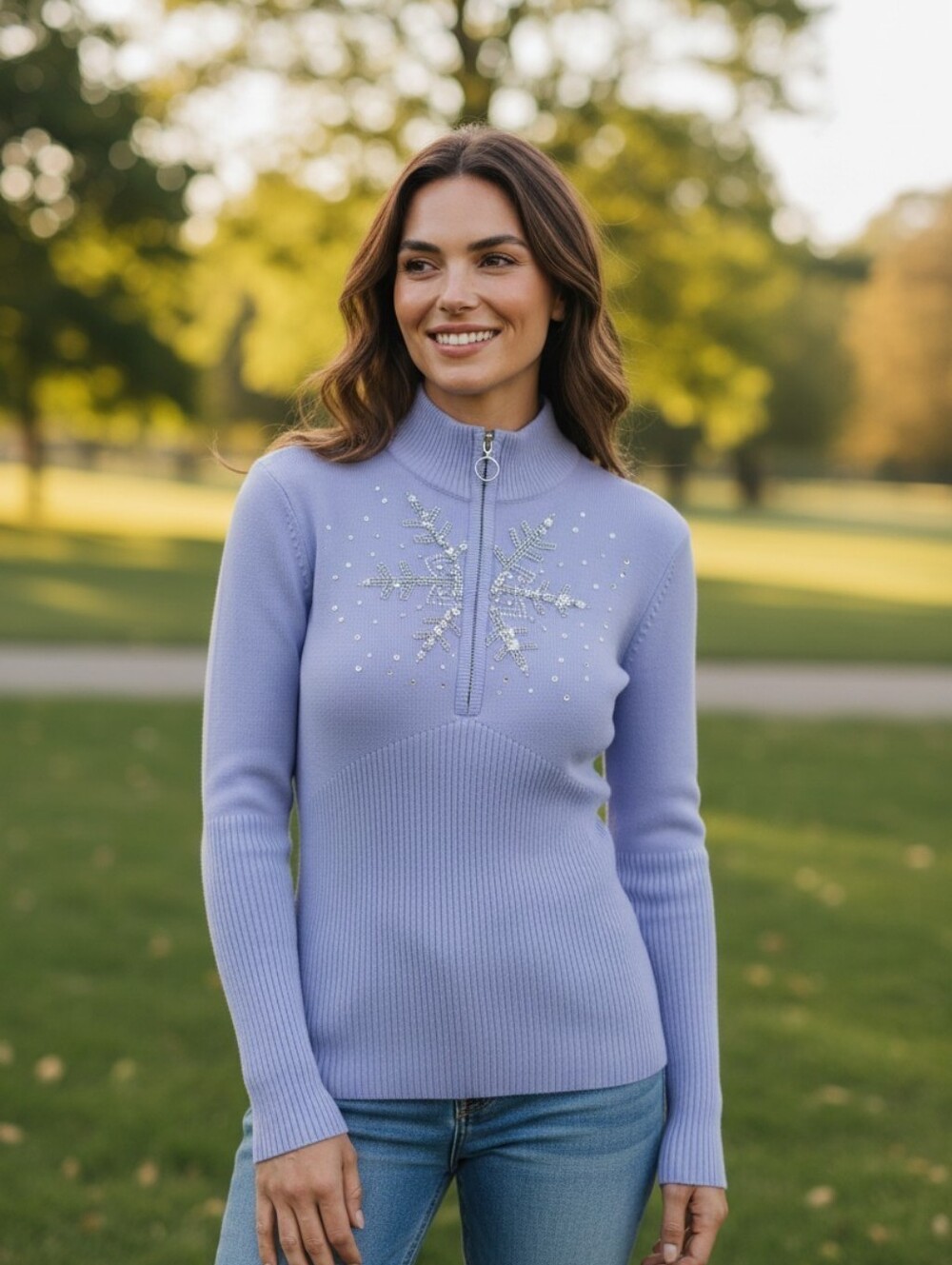 Boston Proper Lavender Half-Zip Sweater with Snowflake Embellishment Sz Large